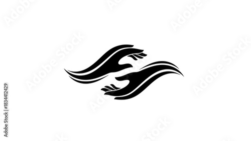 Stylized hands reaching for each other in black and white design.