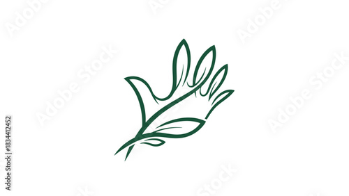 A stylized green line art drawing combining a human hand with natural leaf elements, symbolizing nature and care.
