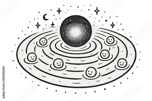 Floating Orb Ripples. A floating orb emitting soft soundless waves with tiny smiling icons riding the ripples, cosmic doodle style