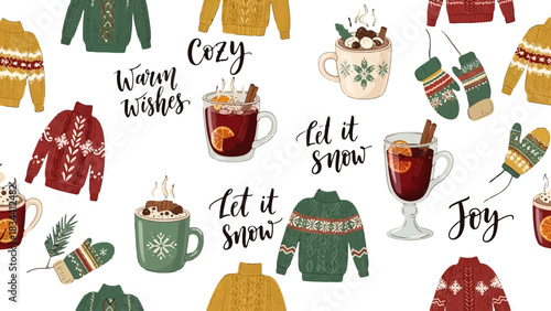 Festive illustration featuring sweaters, mugs of hot drinks, mittens, and seasonal lettering on white.