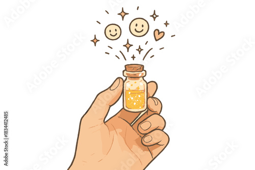 Vial of Joy. A hand holding a tiny vial of shimmering joy, with doodle sparkles and floating happy icons rising gently, No text,
