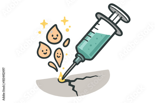 Friendly Filler Injection. A syringe injecting a custom filler into a small crack, with cheerful doodle droplets and tiny glowing