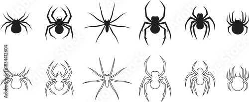 Spider silhouettes vector icons set. Various scary spider species and poses. Creepy arachnid icons for Halloween design. Black insect illustration isolated on transparent background.