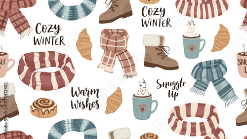 A seamless pattern of cozy winter essentials including knitted scarves, warm boots, hot cocoa mugs, croissants, and cinnamon rolls with comforting text phrases.