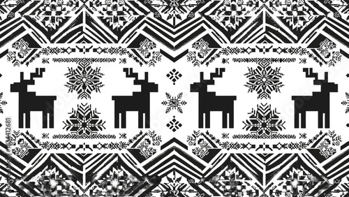 Black and white seamless Christmas pattern with stylized reindeer, snowflakes, and geometric Nordic folk art motifs.