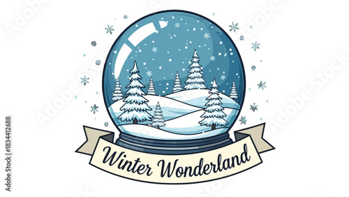 A charming winter wonderland snow globe featuring snow-covered pine trees and rolling hills under a flurry of snowflakes.