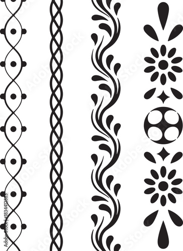 Collection of four decorative black and white ornamental borders featuring intricate patterns and floral motifs for design elements