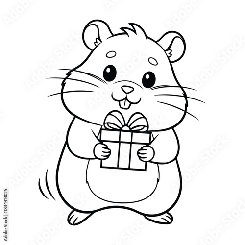 Adorable cartoon hamster holding a wrapped gift box with a bow