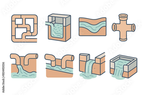 Underground Water Systems. Isometric vector illustration set Underground water logic: pipe grids, filtration chambers, clean water