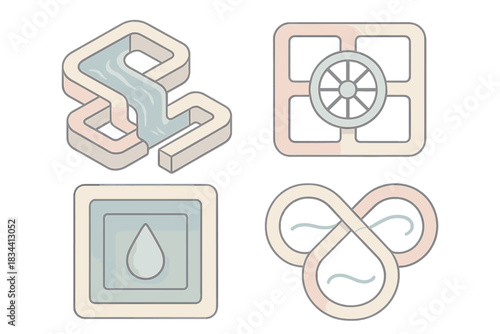 Mystical Water Schematics. Isometric vector illustration set Mystical water schematics: geometric fluid routes, sealed conduits,