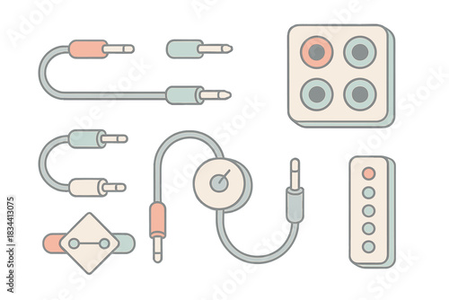 Studio Wiring Design. Isometric vector illustration set Studio wiring design: curved patch leads, colored connectors, split