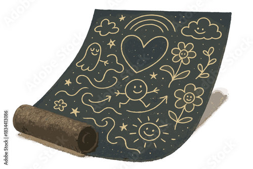 Whimsical Doodle Tapestry. A tapestry partially rolled out with glowing doodle words forming shapes and tiny smiling icons