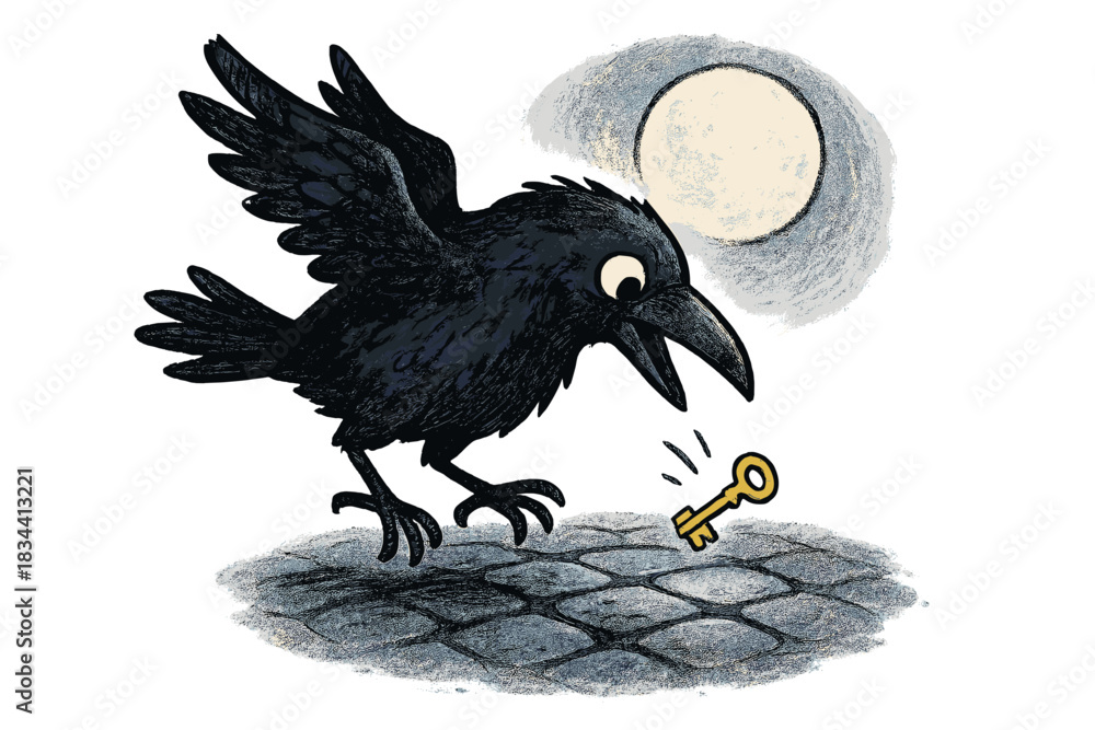 Fototapeta premium Raven's Golden Key. Friendly doodle raven dropping a small golden key onto cobblestones lit by moonlight, whimsical detective