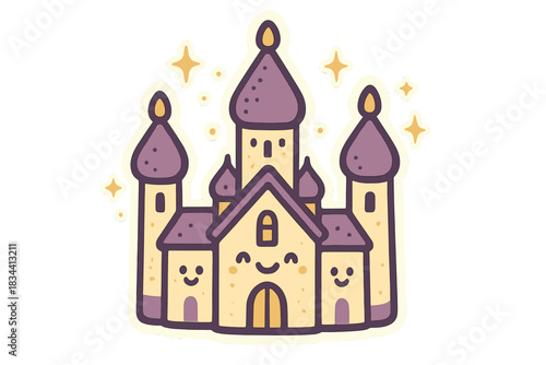 Sparkling Doodle Cathedral. A cute cathedral with exaggerated, rounded spires, emitting tiny whimsical sparkles to amplify awe,