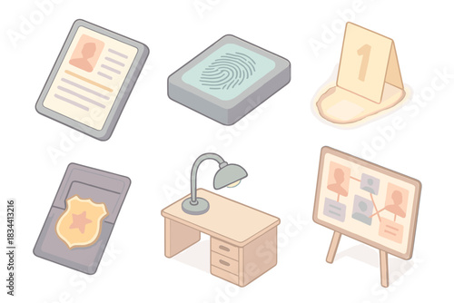 Investigation Tools Icons. Isometric vector illustration set of investigation tools: digital case file tablet, fingerprint scanner