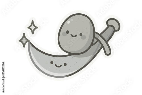 Whimsical Blade Polishing. A cute polishing stone sliding along a smiling curved blade, soft rounded shapes, limited pastel gray