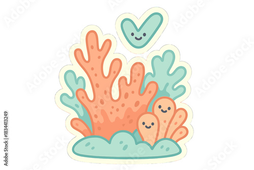 Whimsical Coral Colony. A resilient coral colony with a smiling checkmark above it, rounded friendly forms, soft pastel turquoise