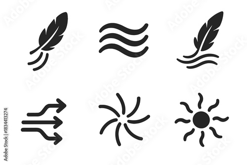 Soft Directional Icons. Solid style icons of soft directional flows: downy current, plush stream, feathery flow, gentle movement,