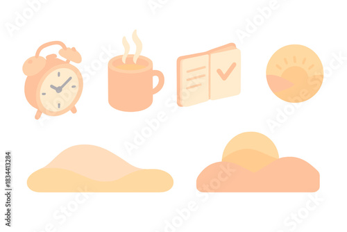 Gentle Morning Rituals. Isometric vector illustration set Gentle daily ritual: alarm clock, hot drink vapor, opened journal,