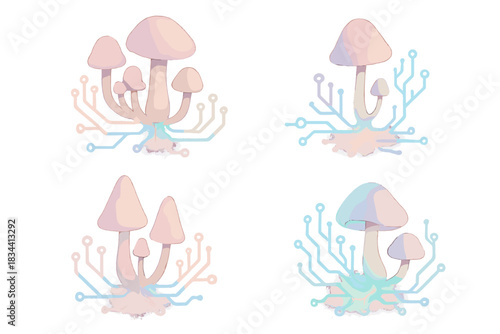 Fungal Circuitry Artistry. Isometric vector illustration set Fungal circuitry synthesis: watercolor resist textures, delicate
