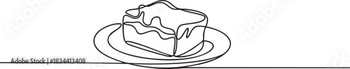 Single continuous line illustration of a chocolate brownie on a plate, minimalistic elegant dessert art, clean black stroke on white background, vector illustration