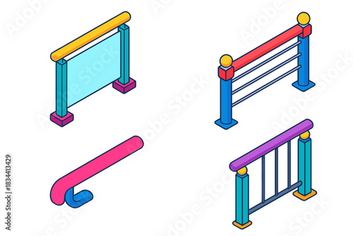Colorful Railing Designs. Isometric vector illustration set Railings – glass railing, cable railing, metal railing; handrail bar,