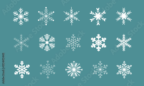 White Snowflake Vector Clipart Set. Isolated Winter Graphic Elements. Snow flakes shapes for frost background.