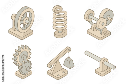 Intricate Motion Engines. Isometric vector illustration set Intricate motion engines: rotating flywheels, spring coils, balance