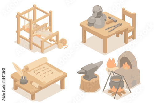 Medieval Workshop Icons. Isometric vector illustration set of traditional medieval workshops: weaving with shuttle and threads,