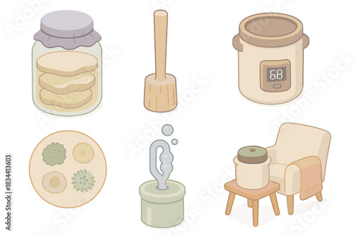 Fermentation Process Icons. Isometric vector illustration set of fermentation process icons: SCOBY hotel vessel, kraut pounding