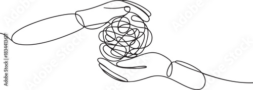 Continuous one line drawing of mental health concept with hands and tangled ball. Symbol of confused mind and problems and support to untangle knot in simple linear style. one line Icon drawing