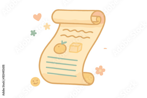 Whimsical Recipe Spoon. A playful "translated recipe" scroll shaped like a spoon, tiny happy symbols floating around, gentle