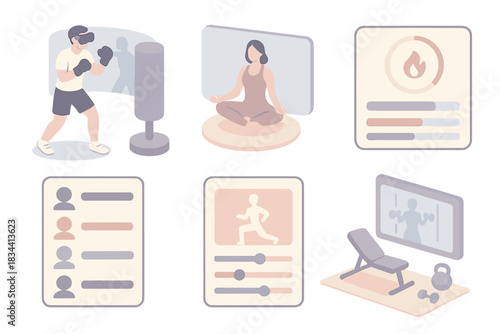 Digital Fitness Experience. Isometric vector illustration set of digital fitness experience: VR cardio boxing setup, virtual yoga
