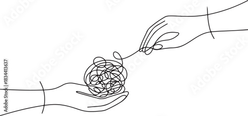 Continuous one line drawing of mental health concept with hands and tangled ball. Symbol of confused mind and problems and support to untangle knot in simple linear style. one line Icon drawing