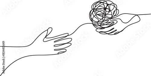 Continuous one line drawing of mental health concept with hands and tangled ball. Symbol of confused mind and problems and support to untangle knot in simple linear style. one line Icon drawing