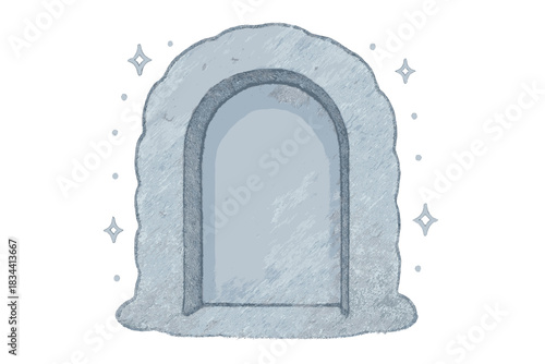 Whimsical Silent Doorway. A friendly doorway framed by solidified silence, tiny gentle sparkles around, soft rounded doodle style,