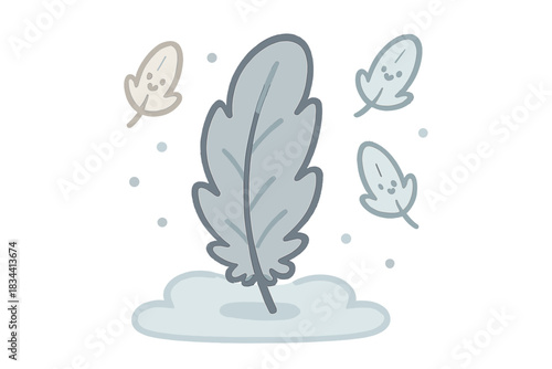 Playful Feather Tools. A playful feather inference tool with tiny happy feathers hovering, soft rounded doodle forms, pastel blue