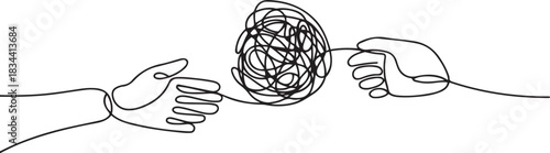 Continuous one line drawing of mental health concept with hands and tangled ball. Symbol of confused mind and problems and support to untangle knot in simple linear style. one line Icon drawing