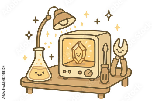 Cozy Lab Corner. Charming doodle vector of cozy lab corner with glowing crystal incubator, smiling tools, and floating sparkles,