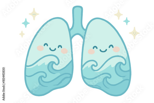 Lungs as Ocean Waves. A cheerful pair of lungs shaped like gentle ocean waves, tiny smiling sparkles floating around, soft rounded