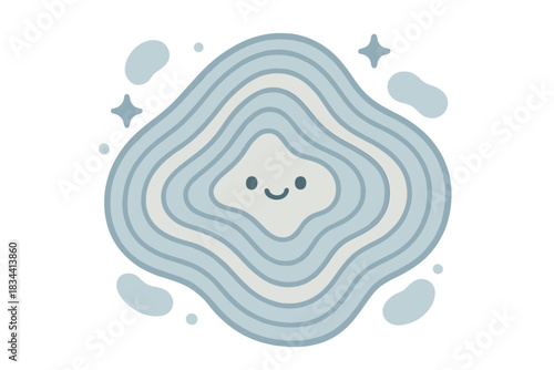Smiling Contour Map. A cheerful topographic map with smiling contour lines tracing the shape of "melancholy," tiny sparkles