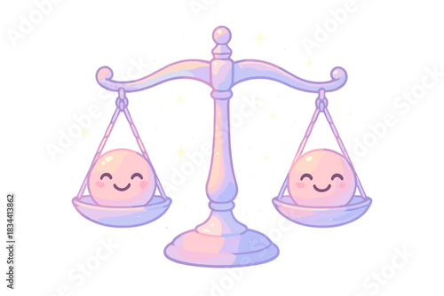 Joyful Balance Scales. A friendly "emotional balance" scales with joyful weights, soft magical pastel tones, No text, No labels,