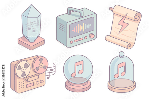 Pastel Sound Artifacts. Isometric vector illustration set of sound archaeology elements: melody stored in crystal archive,