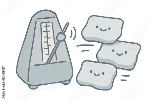 Playful Metronome Doodle. A playful metronome keeping time for tiny smiling tectonic plates, soft rounded doodle style, pastel