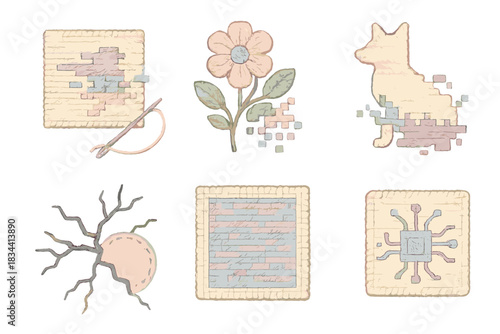 Glitched Embroidery Motifs. Isometric vector illustration set of embroidered glitch motifs: needlework error texture, floral motif