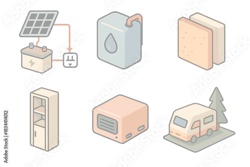 Eco Camper Systems Icons. Isometric vector illustration set of eco camper systems: power distribution chart, clean water tank,