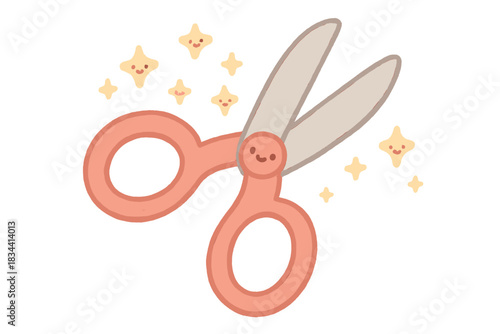 Cheerful Scissors Sparkle. A cheerful snipping scissors with tiny smiling flavor explosion sparkles, soft rounded doodle forms,