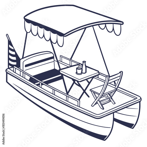 Pontoon Boat with Canopy Table and Chairs and Flag Keywords: pontoon boat, watercraft, leisure
