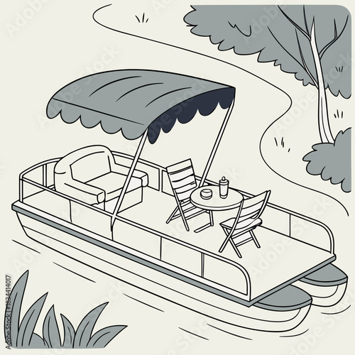 Pontoon Boat with Table and Chairs on a Waterway Keywords: pontoon boat, watercraft, leisure