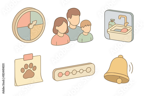 Household Chore Icons. Isometric vector illustration set of domestic schedule management: rotating responsibility wheel, family